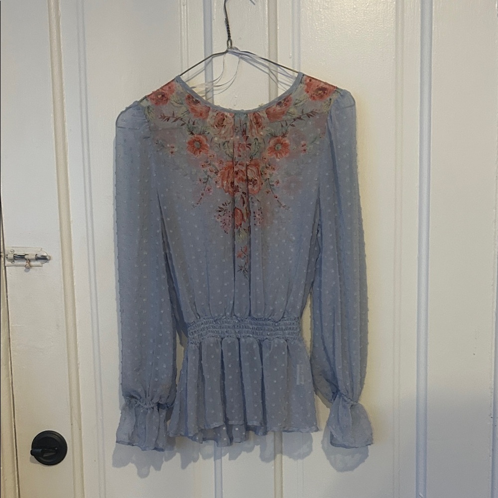 meraki Light Blue Floral Yoke Swiss Dot Peasant Blouse